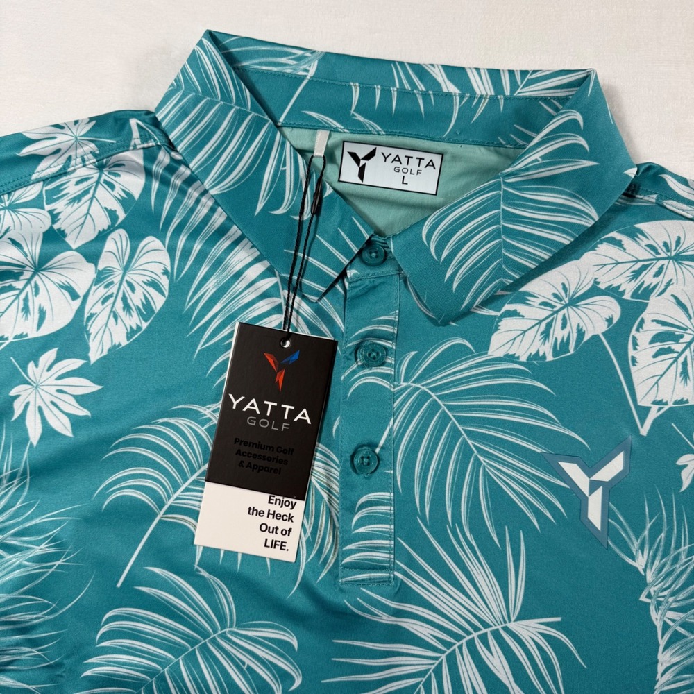 Yatta Golf Polo Shirt Mens L Teal Paradise Tropical‎ Palm Leaf Performance NWT